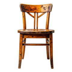 An isolated, vintage wooden chair against a black background.