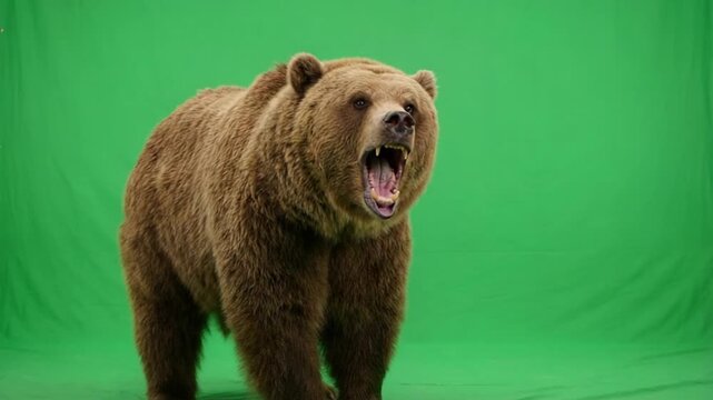 brown bear roaring on a green screen background for vfx project video