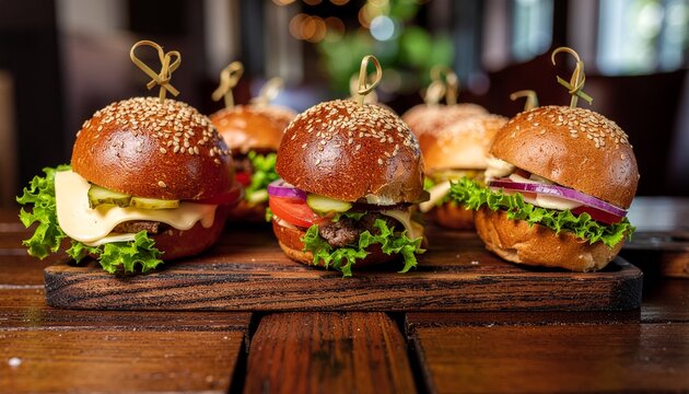 Mini burgers arranged on a wooden board for a buffet or restaurant menu, showcasing gourmet sliders, fresh ingredients, and stylish food presentation for catering events.