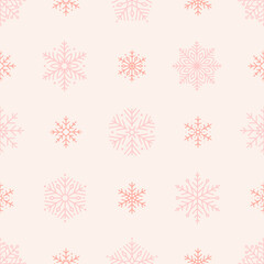 Seamless pattern with cute minimalist snowflakes. Gentle winter holiday design for Christmas, New Year. Perfect for banner, wallpaper, wrapping paper, background, card, poster. Vector illustration