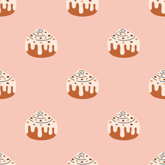 Seamless pattern with cute cinnamon roll with sugar glaze and chocolate. Swirl cinnamon bun. Perfect for banner, wallpaper, wrapping paper, background, card, poster. Vector illustration