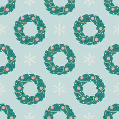 Seamless pattern with cute Christmas wreath. Festive winter holiday design for Christmas, New Year. Perfect for banner, wallpaper, wrapping paper, background, card, poster. Vector illustration