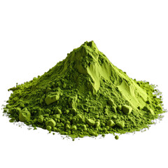 A vibrant pile of bright green matcha tea powder forms a small mound against a stark black background.
