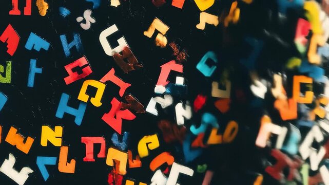 Colorful abstract arrangement of letters creating a vibrant pattern in a creative space