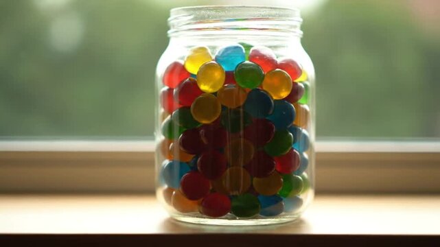 Vibrant colorful candies in a clear glass jar on a sunlit windowsill