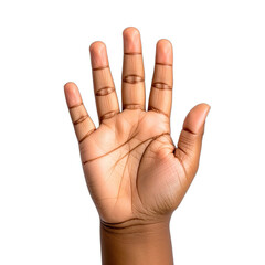 A detailed studio portrait of an open human palm displaying five spread fingers against a solid black background.