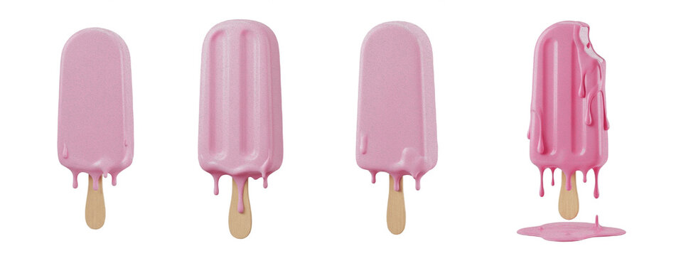 Collection Of Pink ice cream on stick melting 3d rendering isolated on transparent background, PNG 