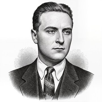 Black and white vintage engraving, close-up headshot portrait of F. Francis Scott Key Fitzgerald, the famous historical American novelist, essayist, and short story writer, white background, greyscale