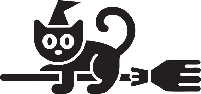 Cute witch cat on broom icon &ndash; black and white Halloween vector of magical flying kitten for spooky decor, party design, and holiday graphics