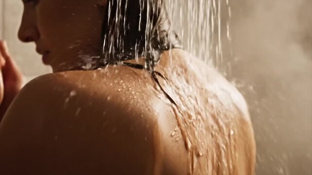 Woman Taking a Refreshing Shower with Water Splashing on Her Back.