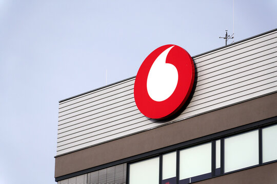 Vodafone telecommunications company logo on headquarters building on December 9, 2025 in Prague, Czech Republic.