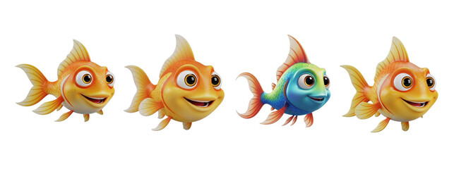 Set Of 3D Cartoon Fish Isolated on transparent background, Fish PNG