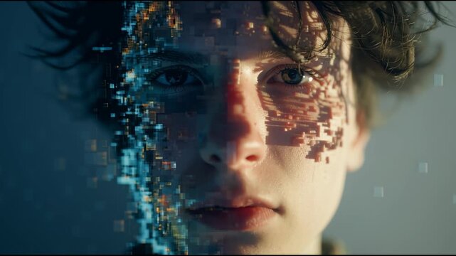 Portrait of Person with Half Normal and Half Pixelated Face
