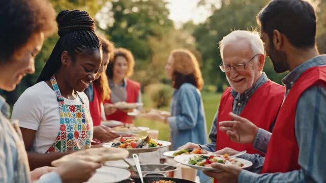 Slow-Motion Volunteers Sharing Food at a Warm, Cinematic Community Event