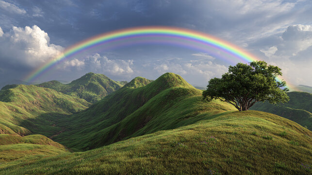 A stunning rainbow arches over a picturesque landscape featuring rolling green hills and a solitary tree. The sky is filled with clouds, creating a dramatic and captivating scene