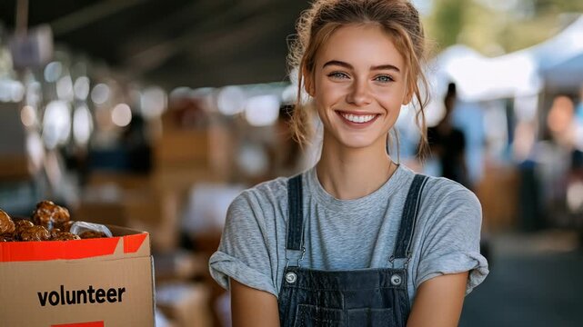 Cheerful young woman volunteering at a food bank or a donation center, smiling warmly at the camera with a box labeled 'volunteer' nearby, showing a sense of community and generosity