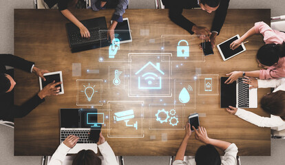 Concept of a smart home and the Internet of Things (IoT). A central system controls home automation features like security, lighting, and climate for modern, convenient living. Fermion