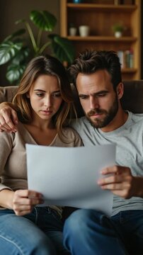 Worried beautiful couple sit on sofa, reading problematic document at home, stressed expressions painted over their faces.