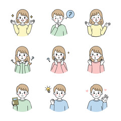 Collection of hand drawn illustrations depicting various emotions and expressions of young people