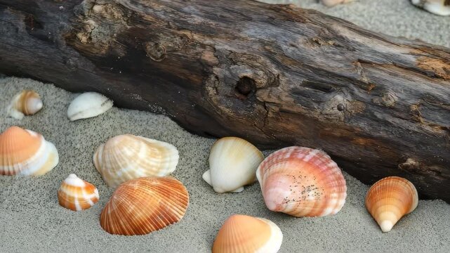 Various seashells scattered across sandy beach with a driftwood log in the background during a sunny day
