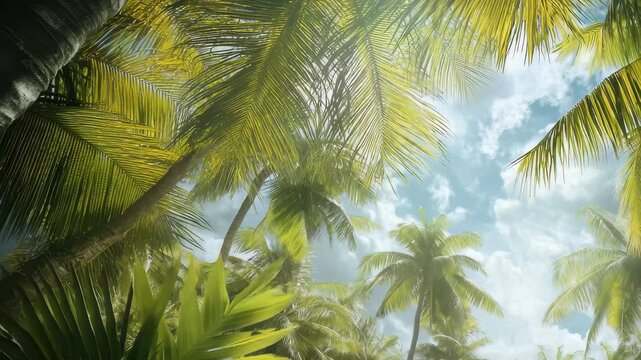 Lush tropical landscape with coconut palms and ripe coconuts under a bright sky