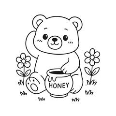 Cute sun bear cub with a honey pot and flowers coloring page © DzgnVibe