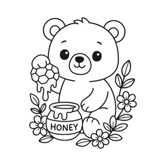 Sun bear cub with a honey pot and flowers coloring page © DzgnVibe