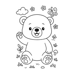 Obraz premium cute bear coloring page for kids with flowers and a butterfly