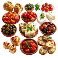 An assortment of Italian antipasti appetizers featuring bread, cheese, olives, and tomatoes.