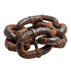 A detailed close-up of heavily rusted metal chain links against a black background.