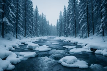 icy river flowing through winter forest snowy landscape with cold water and pine trees in tranquil nature