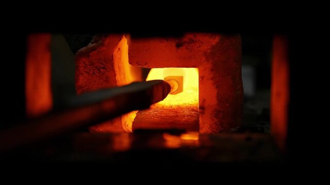 Medium shot of a glowing induction heat treating furnace intensifying metal strength with precise electromagnetic heating in a modern industrial setting.