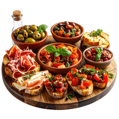 A rustic wooden board displaying an array of Italian appetizers including bruschetta, prosciutto, olives, and various spreads against a dark background.