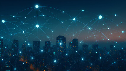 smart city network with connected data nodes in digital urban infrastructure