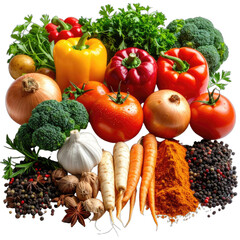 A vibrant assortment of fresh vegetables, spices, and roots displayed against a dark background.