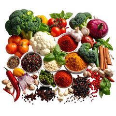 A vibrant overhead arrangement of fresh vegetables and assorted colorful spices against a stark black background.