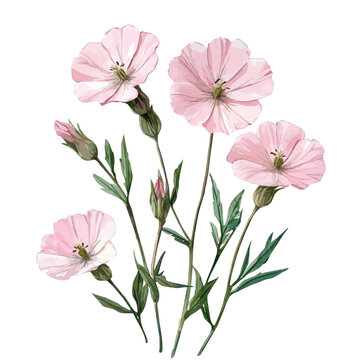 Silene Flower, charming watercolor clipart, isolated on a white background.