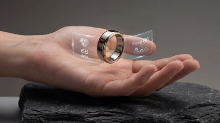 A sleek ring rests on an open palm, displaying vital information. Digital overlays show heart rate and sleep data, creating a modern scene of wellness.