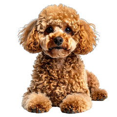 A charming portrait of a curly-haired brown poodle against a stark black background.