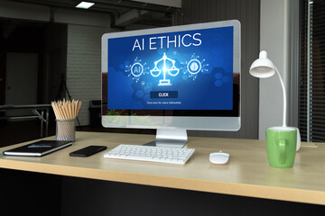 AI ethics responsibility standard law and rules on computer screen provide report of AI ethic...