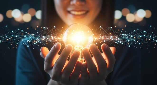 Happy Woman Holding Glowing Light Bulb with Digital Network Connection Represents Creative Innovation, Smart Idea, and Future Technology