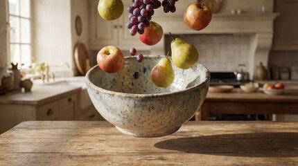 In a bright kitchen, an assortment of fresh fruits gracefully floats in mid-air, poised above a speckled, handmade bowl resting on a weathered wooden table.
