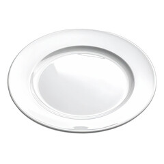 A clean, reflective white dinner plate presented against a stark black background.