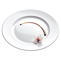 Minimalist presentation of balsamic glaze swirl and a delicate white blossom on a porcelain plate.