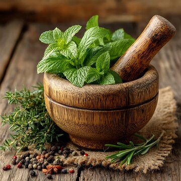 Bamboo mortar pestle organic herbs natural lifestyle high resolution picture