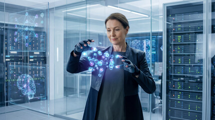 In a sterile laboratory, a woman manipulates digital networks with gloved hands, surrounded by glowing data displays and gleaming server racks.