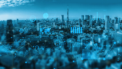 Explore a stunning futuristic view of Tokyo skyline, featuring advanced data visualizations and technology elements that represent urban development and innovation. Xenic