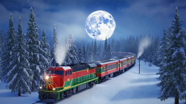 Jovial holiday train chugs through a snowy pine forest under a dazzling full moon, a magical winter night scene evoking festive travel, cozy wonderland, and seasonal joy