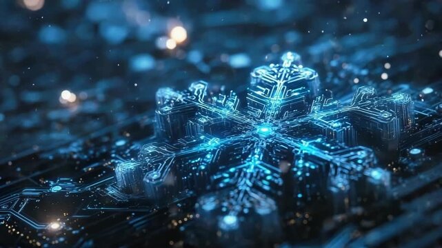 Digital snowflake of glowing blue circuits and microchips on a motherboard, merging festive winter motifs with futuristic AI and computing technology for holiday tech concept images
