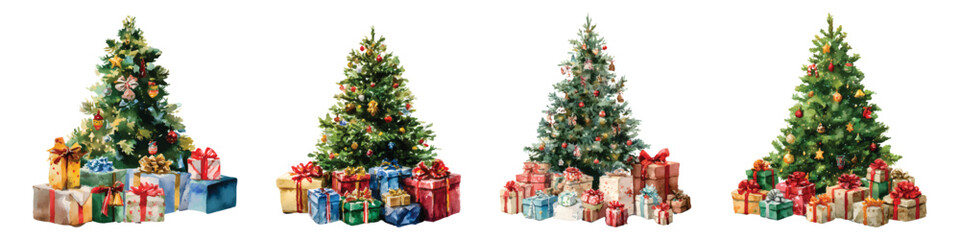 Decorated Christmas trees surrounded by gifts boxes set watercolor isolated on transparent background